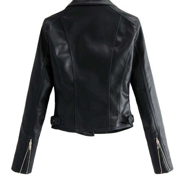 Black Casual Women's Zip Up Faux Leather Moto Jacket BIker - Picture 3 of 11